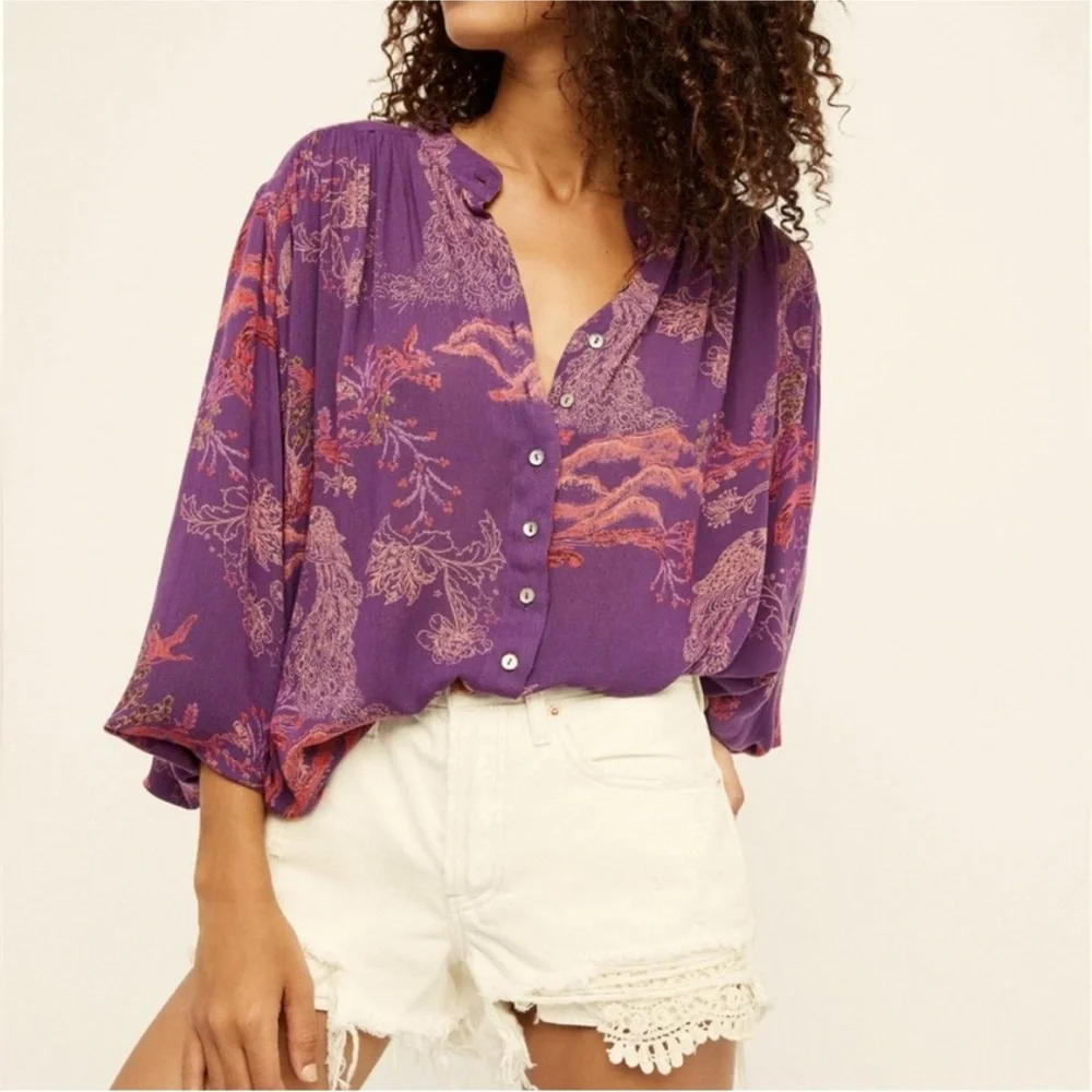 Free People Sunstreaks Purple Peacock Peasant Puff Sleeve Top Boho Bird Size S